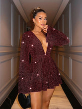 Women's Gorgeous Elegant Deep V Neck Glittery Bell Sleeve Jumpsuit, Fashionable For Party & Occasions, Christmas Outfits